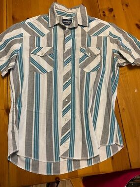 Wrangler Short Sleeve Striped Button-Down Shirt — Teal, Gray, White